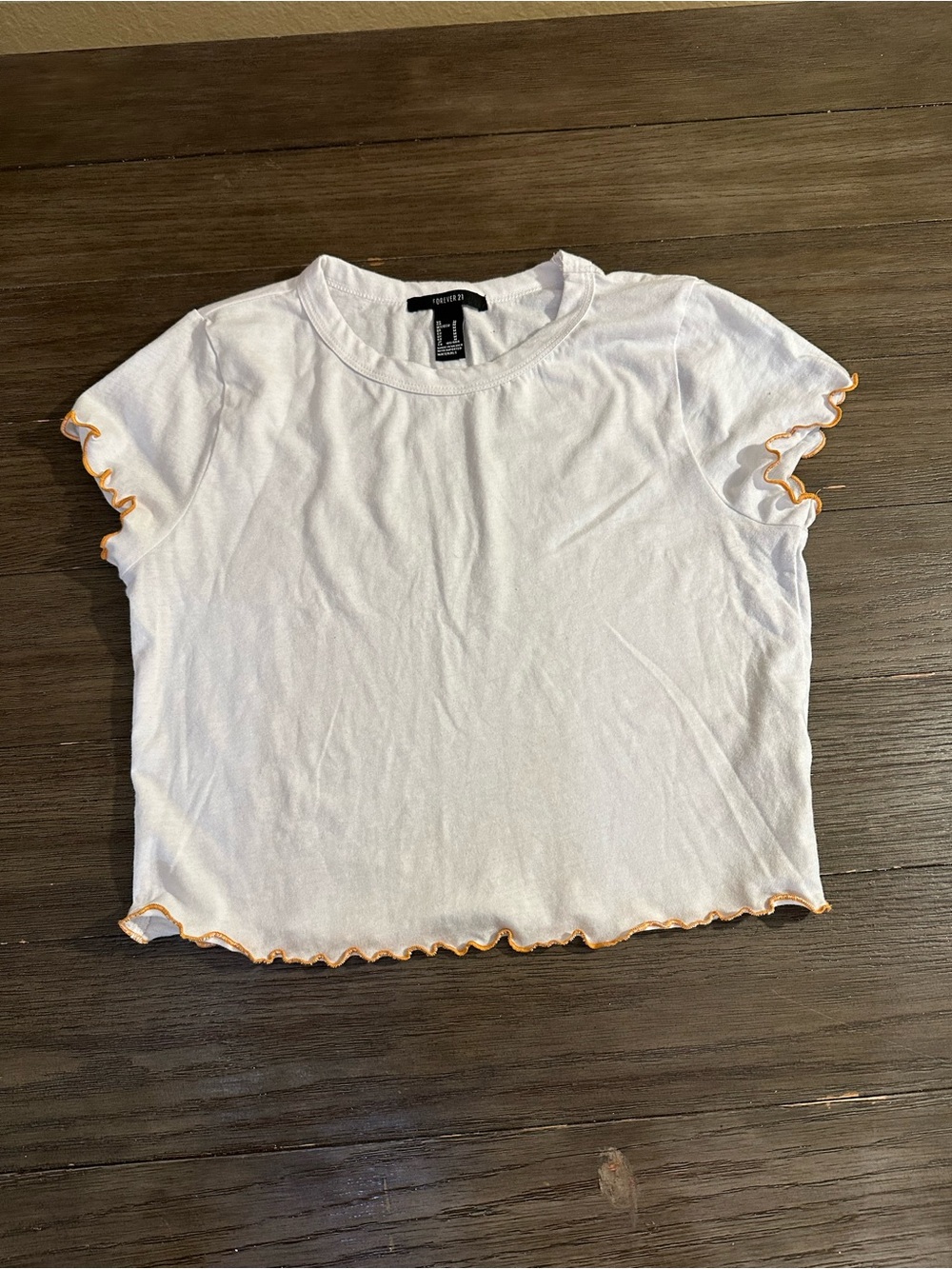 Sz Med Forever 21 White Crop Tee with Orange Lettuce-Edge Trim
